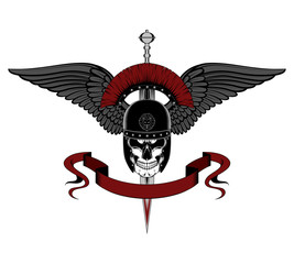 Vector image of a skull in a roman helmet with a sword, wings, ribbon. Image on white background.