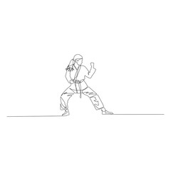 Karate girl is standing in a fighting pose continuous line drawing. Vector illustration.