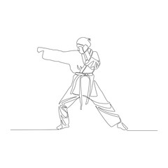 Continuous line drawing Karate girl makes a punch. Vector illustration.