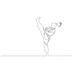 Continuous one line Karate girl high kick. Vector illustration.