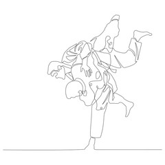 Continuous line drawing judoka makes a throw. Judo theme. Vector illustration.