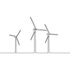 Continuous one line wind farm. Wind turbines. Horizontal axis wind power plant. Vector illustration.