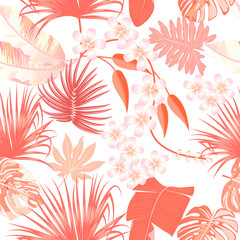 Tropical vector seamless pattern in Living Coral color. Main trend concept.