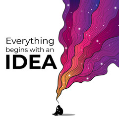 Vectors hand draw illustration of thinking silhouette of man with colorful cosmic imaginary fluid wave on white background with motivation quotes everything begins with an idea