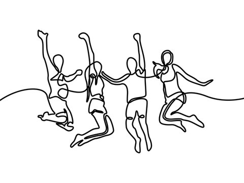 Continuous line drawing Group of boys and girls jumping for happy. Vector illustration.