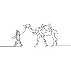 Fototapeta na wymiar Continuous line drawing Man leads a Camel. Vector illustration.