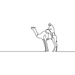 Fototapeta na wymiar Continuous line drawing Camel with horseman. Vector illustration.
