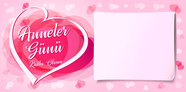 Anneler Gunu, Kutlu Olsun, translation: Happy mother's day. Pink love hearts greeting card for mother's day. Mom i love you flyer or poster template. Vector Illustration