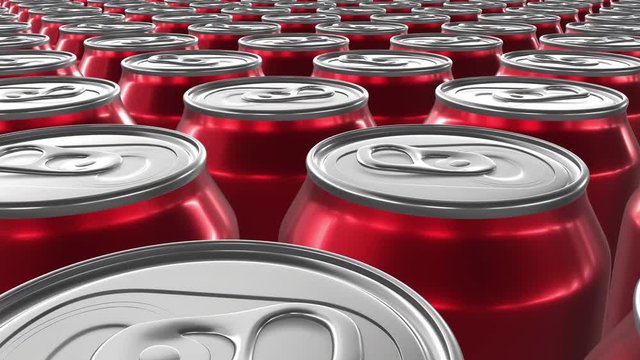 Looping 60 fps 3D animation of the red aluminum soda cans in UHD
