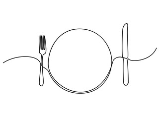 Continuous line plate, khife and fork. Vector illustration.