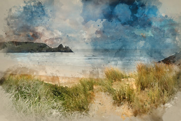 Naklejka na ściany i meble Watercolor painting of Beautiful Summer sunrise landscape over yellow sandy beach
