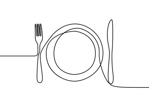 Naklejki One continuous line plate, khife and fork. Vector illustration.