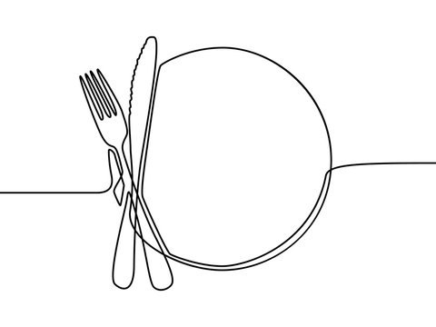 Continuous line drawing plate, khife and fork. Vector illustration.
