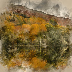 Watercolor painting of Stunning Autumn Fall landscape image of wide countryside in Lake District in England