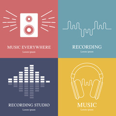 Set of music logos templates. Recording studio labels. Radio badges with sample text. Clean and modern vector illustration for design, web.