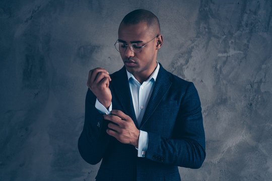 Portrait of charming handsome banker feel gentleman clever cool manager short ahir bald  solve problems make strategy wear shirt fashionable blazer jacket isolated on grey dark background