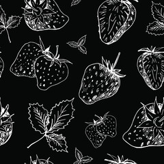 White strawberry on black backdrop. Strawberry chalk background. Hand sketched white berries and leaves from strawberries on black background. Seamless vector wallpaper.