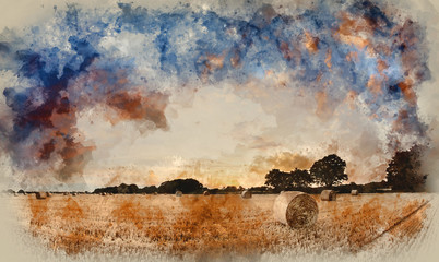 Fototapeta na wymiar watercolor painting of Stunning Summer sunset landscape over feild of hay bales