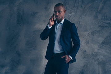 Portrait focused concentrated boss executive chief career connection hold hand gadget have dialogue...