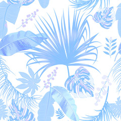 Tropical blue palm leaves, jungle seamless pattern