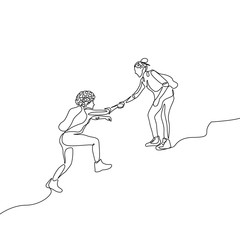 Continuous one line drawing woman help climb up to other woman. Mutual support concept