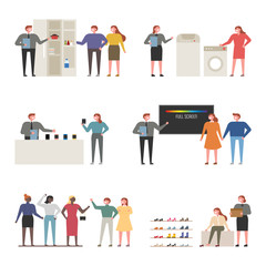 Employees and customers who sell things at department stores. flat design style minimal vector illustration