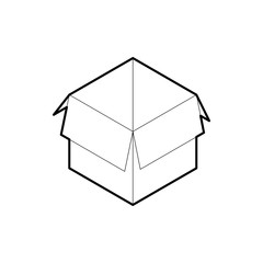 Outline box icon. Empty cardboard corrugated box with 4 top flaps open. Isometric vector isolated on white background.