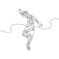 Fototapeta premium Continuous one line drawing man perform a trick on roller skates. Sport, recreation, friendship, relax, hobby theme.