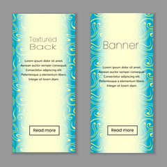 Set of long vertical banners for web, print and social media. Yellow text area on bright green pattern textured back. Vector template isolated on gray background.