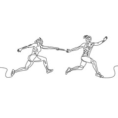 Continuous one line drawing relay race, runner passes the baton. Teamwork concept.