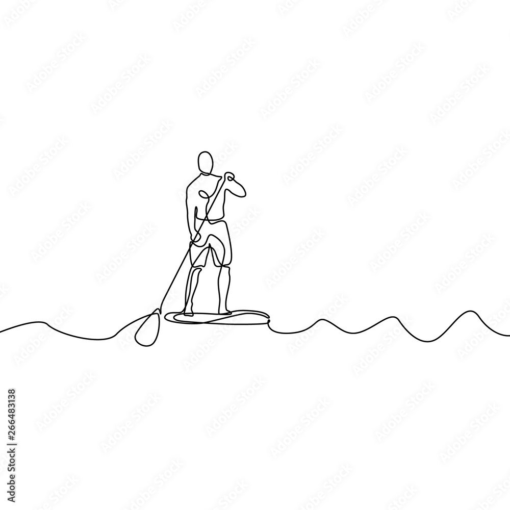 Wall mural Continuous line man standing on paddle board. Vector illustration.