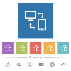Connecting mobile to desktop flat white icons in square backgrounds