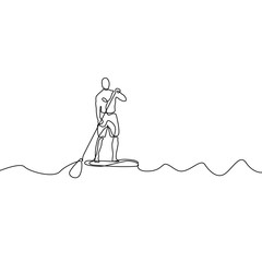 Continuous line man standing on paddle board. Vector illustration.