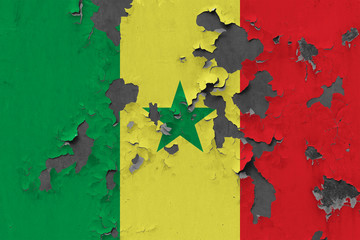 Close up grungy, damaged and weathered Senegal flag on wall peeling off paint to see inside surface.