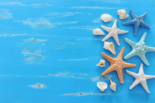 vacation and summer concept with starfish and seashells over blue wooden background. Top view flat lay