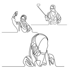 Continuous line set muslim woman with phone doing selfie and talking