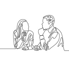 Continuous one line co-workers ponder work. Vector illustration.