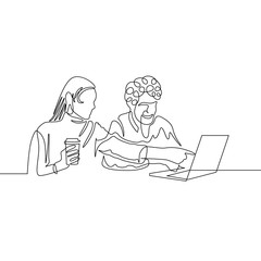 Continuous one line drawing couple have fun with laptop internet