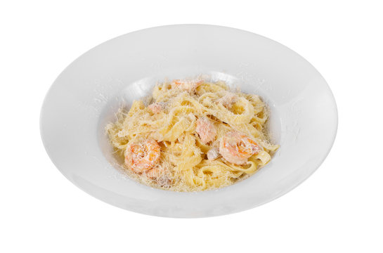 Pasta, noodles with seafood, shrimp, squid isolated white