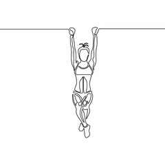 One line woman with fit body hanging on the pullup bar. Vector illustration.
