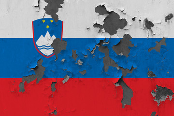 Close up grungy, damaged and weathered Slovenia flag on wall peeling off paint to see inside surface.