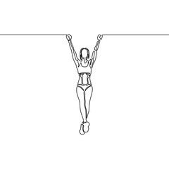 Continuous line woman with fit body hanging on the horizontal bar. Vector illustration.