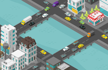 Bridge over river Isometric city. Two bridges. Town houses district street. Cars end buildings. Cityscape infrastructure. Urban low poly. Vector illustration.