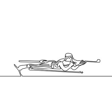 recommend clip art: Continuous line Lying down biathlete aims. Vector illustration.