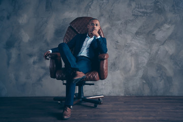 Portrait serious stunning agent economist sit furniture manager representative manager brown dream...