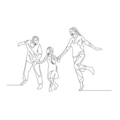 Fototapeta na wymiar One line family walking together and holding the hands and playing