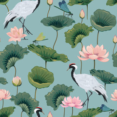 seamless pattern with lotuses and Japanese cranes