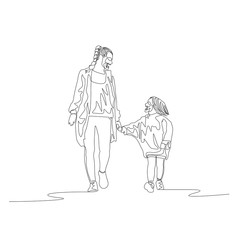 Fototapeta na wymiar Continuous one line mother and daughter walking together and chating