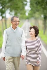 Obraz premium 手をつなぎ一本道を歩くシニア夫婦