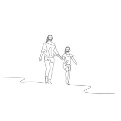Fototapeta na wymiar Continuous one line mother and daughter walking holding the hands
